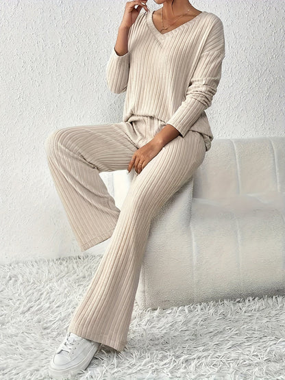 Women's V-Neck Long Sleeve Knit Top & Straight-Leg Pants Set | Ideal for Autumn/Winter