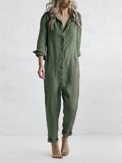 Women's Casual Long Sleeve Plain Jumpsuit with Buttons | Ideal for Spring/Summer