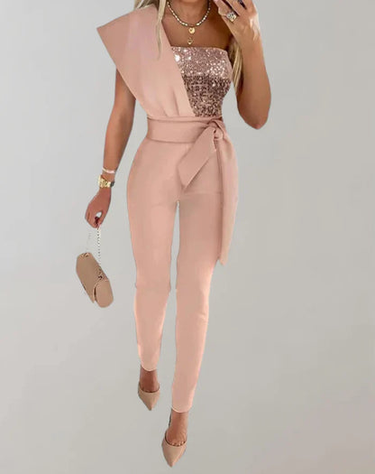 Women’s Stylish Jumpsuit with Bow Belt and Sequin Design | Ideal for Spring/Summer