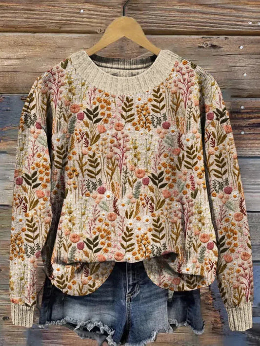 Women's Stylish Brown Floral Embroidery Knitted Jumper | Ideal for Autumn/Winter