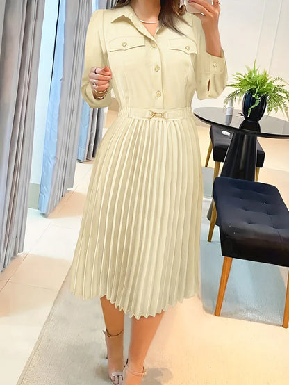 Casual cotton Button Front Pleated Long Sleeve Formal Dress for Women | Ideal for Spring