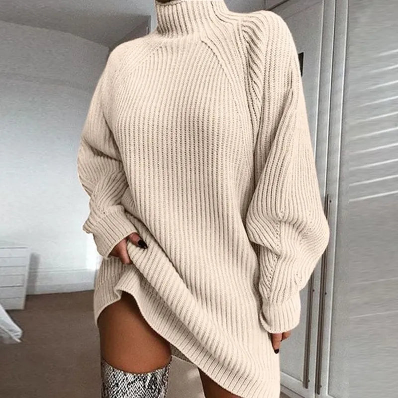 Women's Stylish Knitted Sweater Dress with High Collar | Ideal for Autumn/Winter