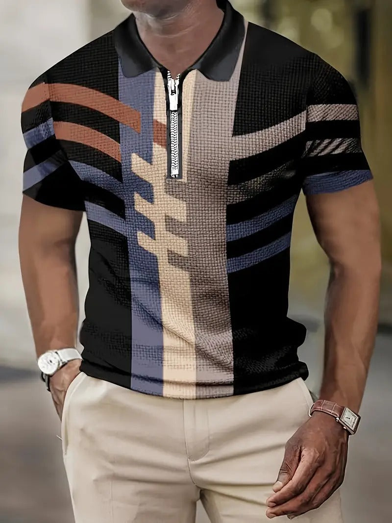 Men's Slim Fit Geometric Pattern Polo Shirt with Zipper | Ideal for Summer