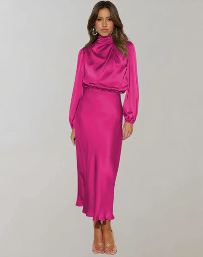 Women's Stylish High Neck Long Sleeve Satin Dress | Ideal for Spring/Summer