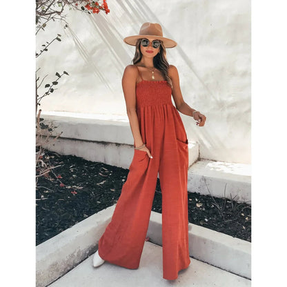 Women's Loose Wide-Leg Sleeveless Jumpsuit with Smoke Upper and Pockets | Ideal for Spring/Summer