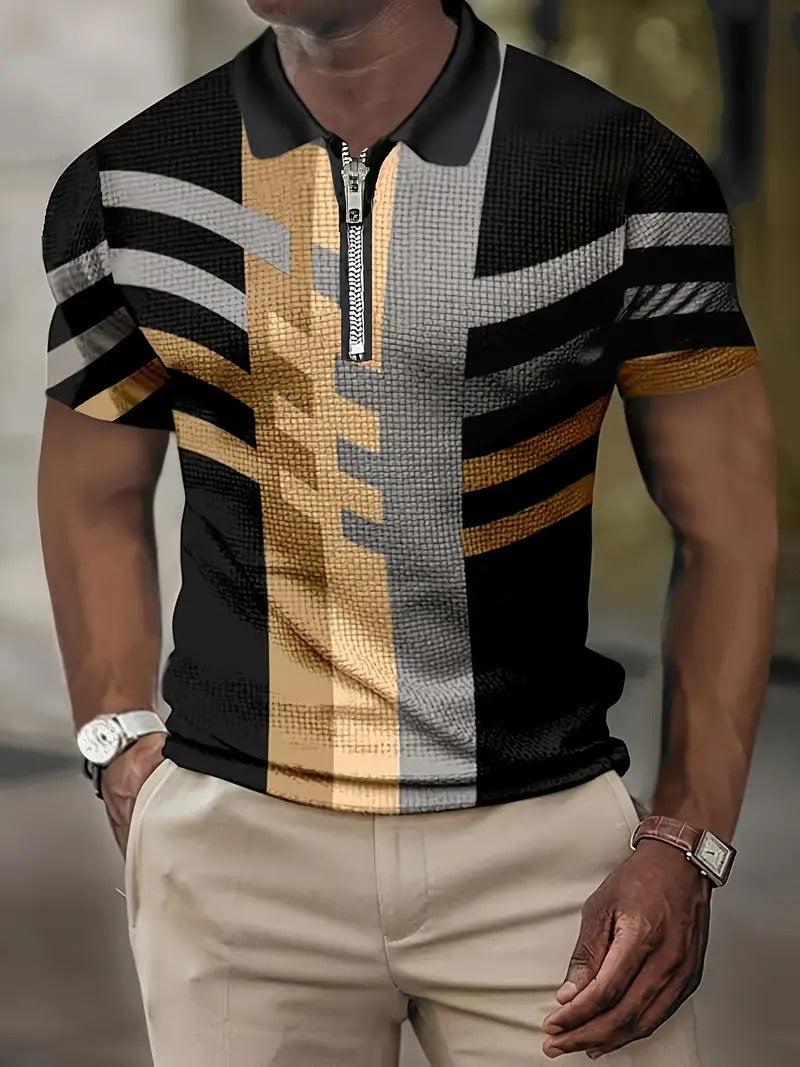 Men's Slim Fit Geometric Pattern Polo Shirt with Zipper | Ideal for Summer