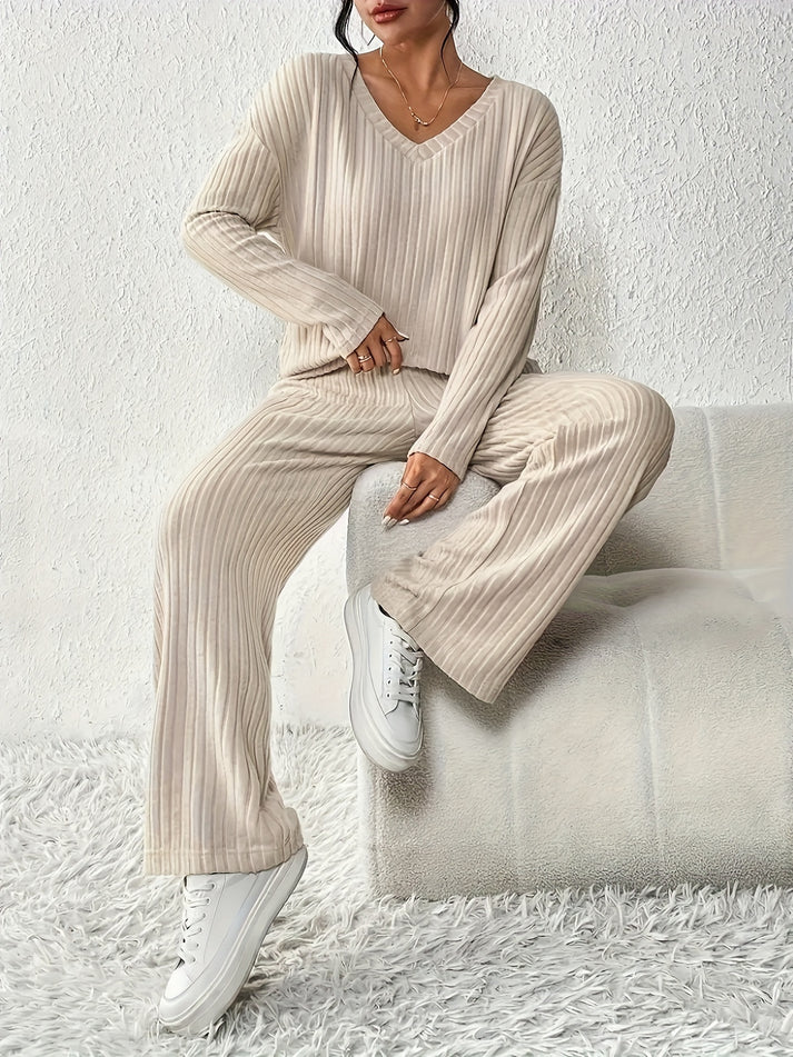 Women's V-Neck Long Sleeve Knit Top & Straight-Leg Pants Set | Ideal for Autumn/Winter