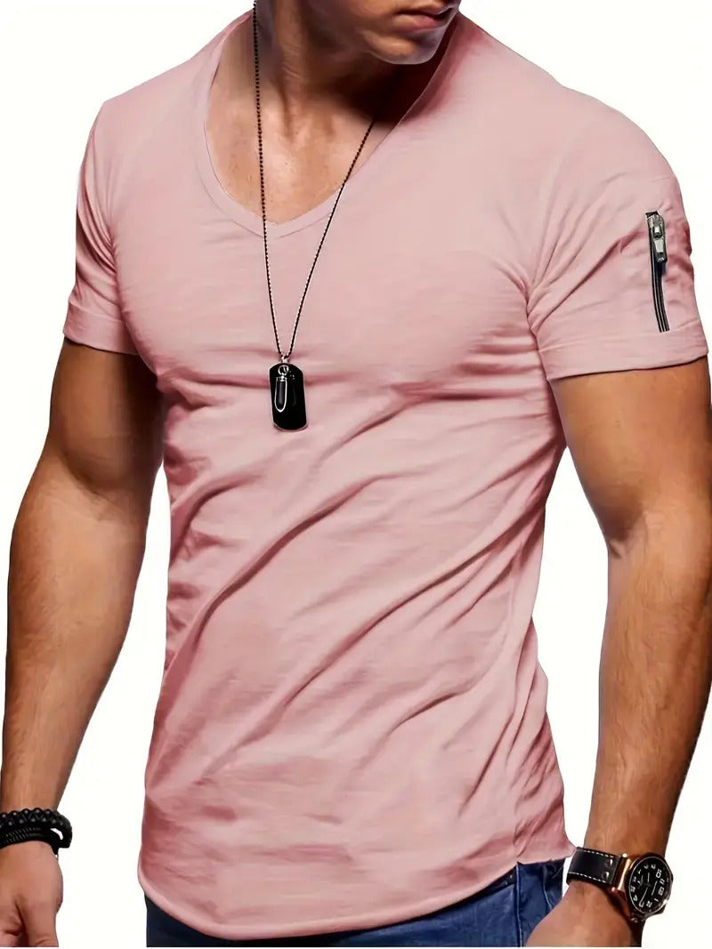 Men's Casual V-Neck T-shirt with Zipper  | Ideal for Summer