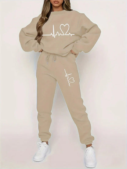 Women's Round Neck Sweater with Heartbeat Print & Joggers Tracksuit Set | Ideal for Autumn/Winter