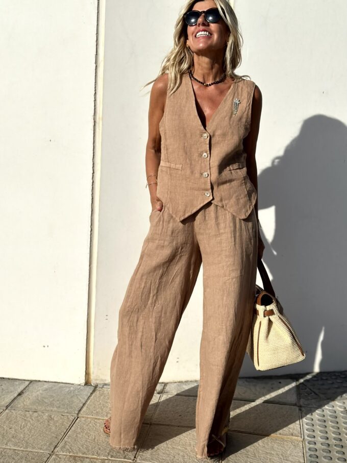 Women's Stylish Summer Brown Linen Vest and Pants Two piece Set | Ideal for Spring/Summer