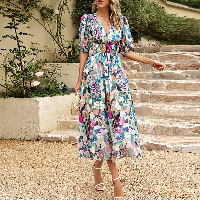 Adalynn - Flowy Long Summer Dress with V-Neck and Romantic Floral Design