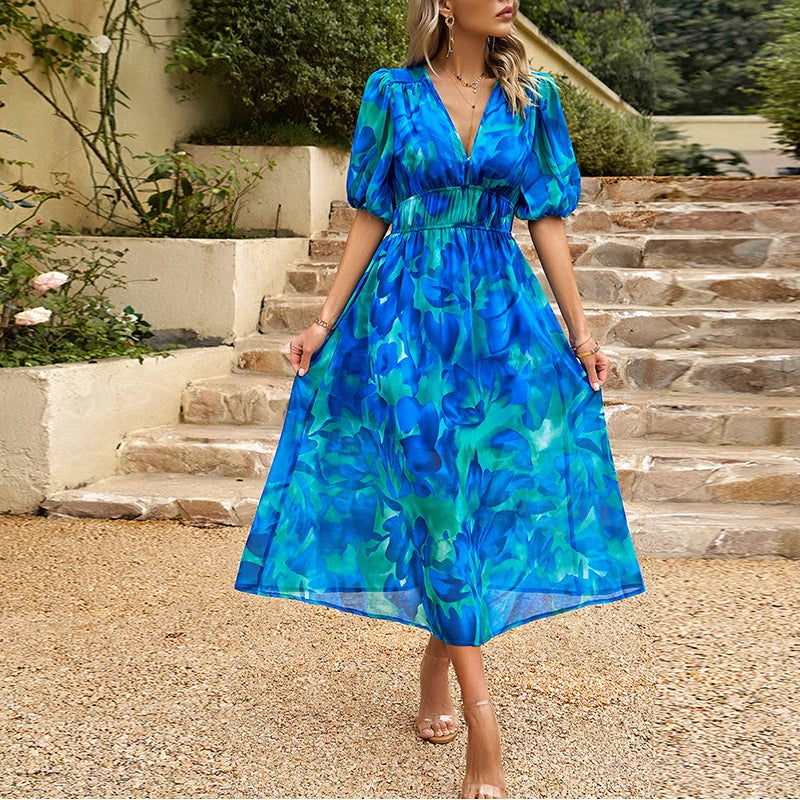 Adalynn - Flowy Long Summer Dress with V-Neck and Romantic Floral Design