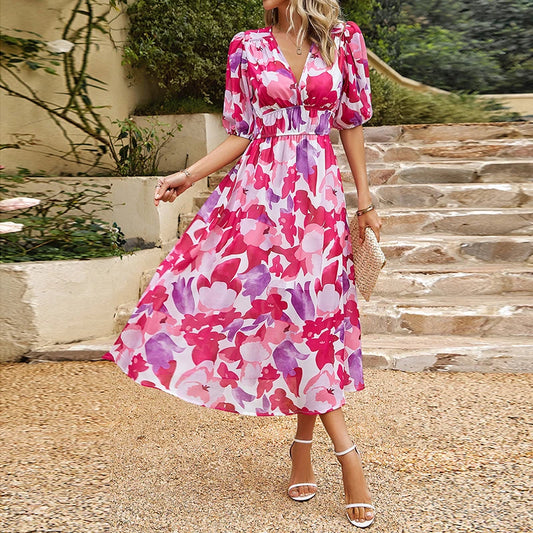 Adalynn - Flowy Long Summer Dress with V-Neck and Romantic Floral Design