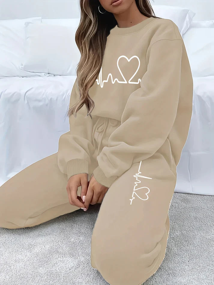 Women's Round Neck Sweater with Heartbeat Print & Joggers Tracksuit Set | Ideal for Autumn/Winter