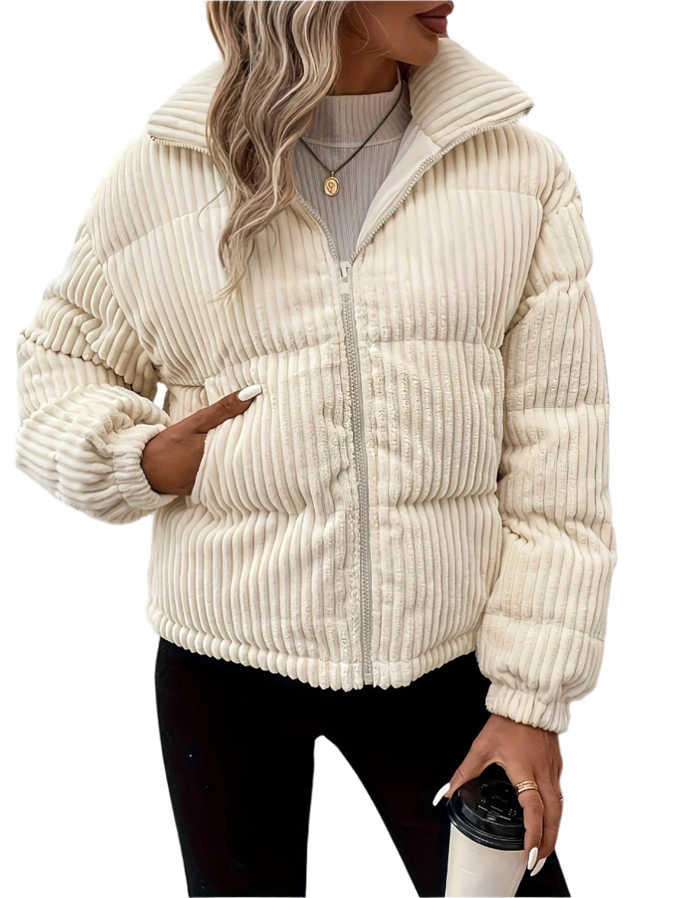 Comfortable Solid Beige Ribbed Puffer Jacket with Zip for Women | Ideal for Autumn/Winter