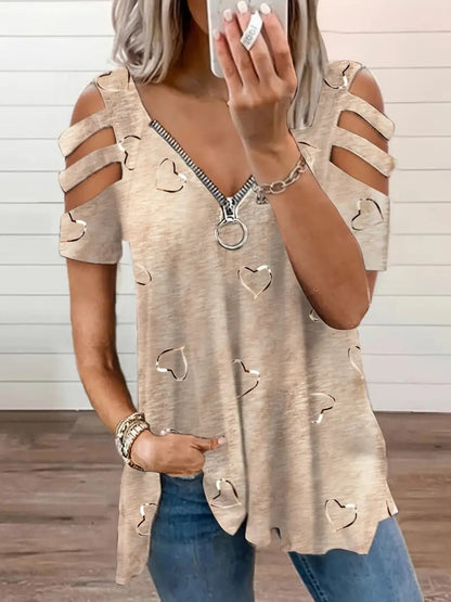 Women's Cold Shoulder T-shirt with Heart Print and Zipper Detail | Ideal for Spring/Summer