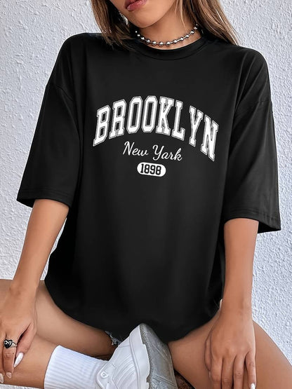 Women's Trendy Round Neck Graphic T-Shirt with Brooklyn Print | Ideal for Spring/Summer