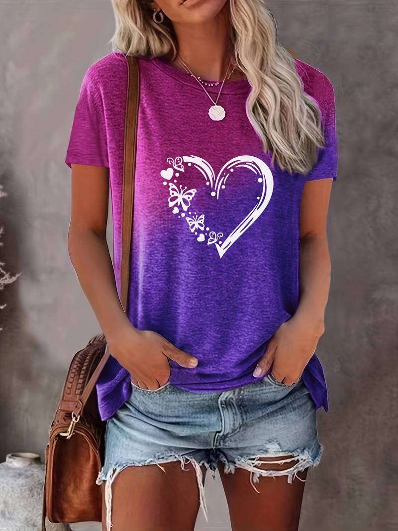 Women's Fashionable Round Neck Butterfly Heart Print T-Shirt | Ideal for Spring/Summer