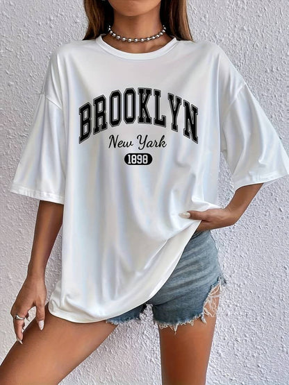 Women's Trendy Round Neck Graphic T-Shirt with Brooklyn Print | Ideal for Spring/Summer