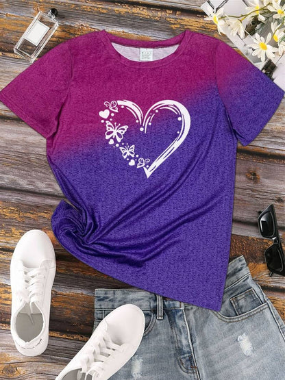 Women's Fashionable Round Neck Butterfly Heart Print T-Shirt | Ideal for Spring/Summer