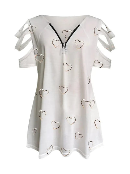 Women's Cold Shoulder T-shirt with Heart Print and Zipper Detail | Ideal for Spring/Summer