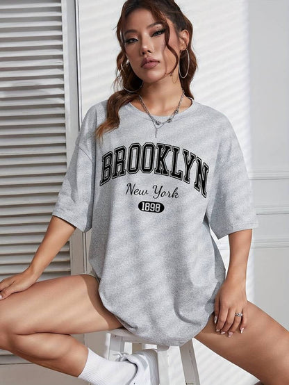 Women's Trendy Round Neck Graphic T-Shirt with Brooklyn Print | Ideal for Spring/Summer