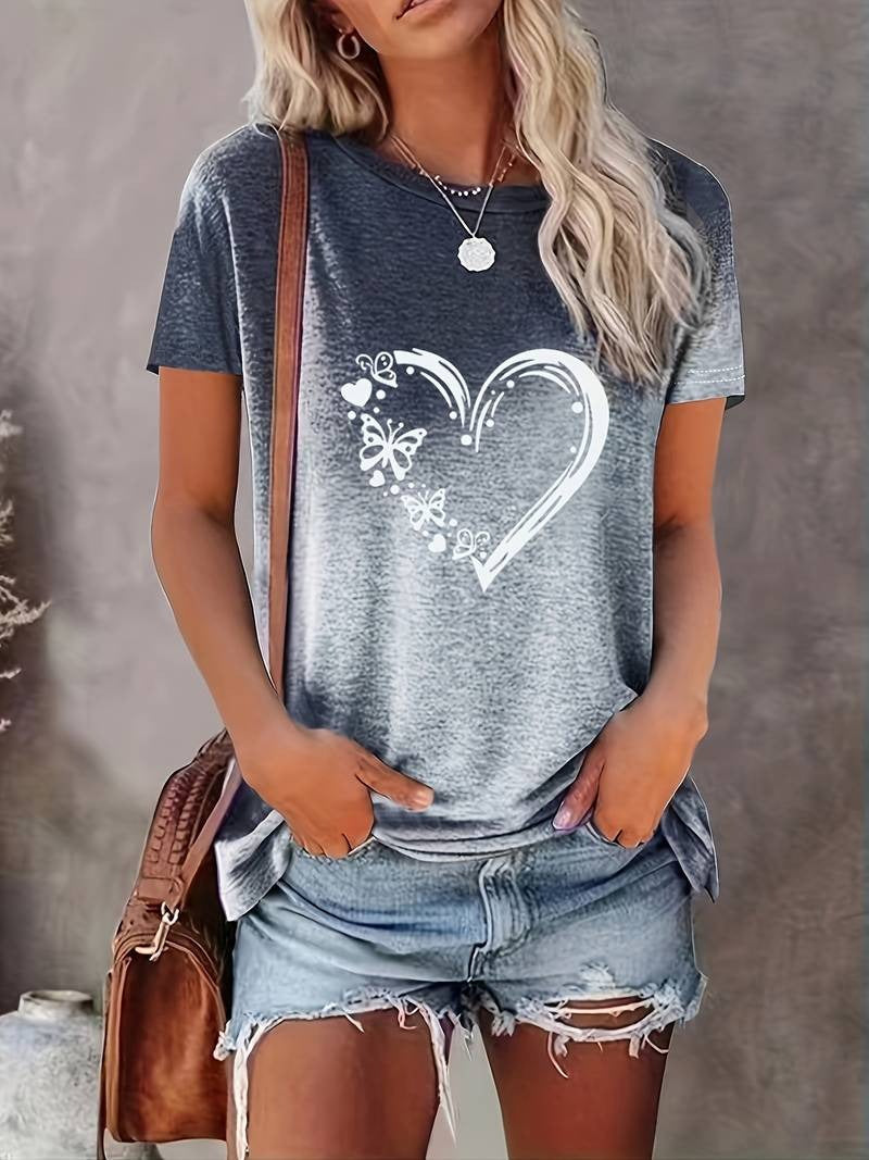 Women's Fashionable Round Neck Butterfly Heart Print T-Shirt | Ideal for Spring/Summer