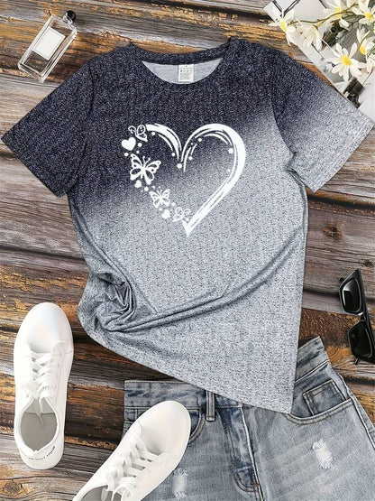 Women's Fashionable Round Neck Butterfly Heart Print T-Shirt | Ideal for Spring/Summer