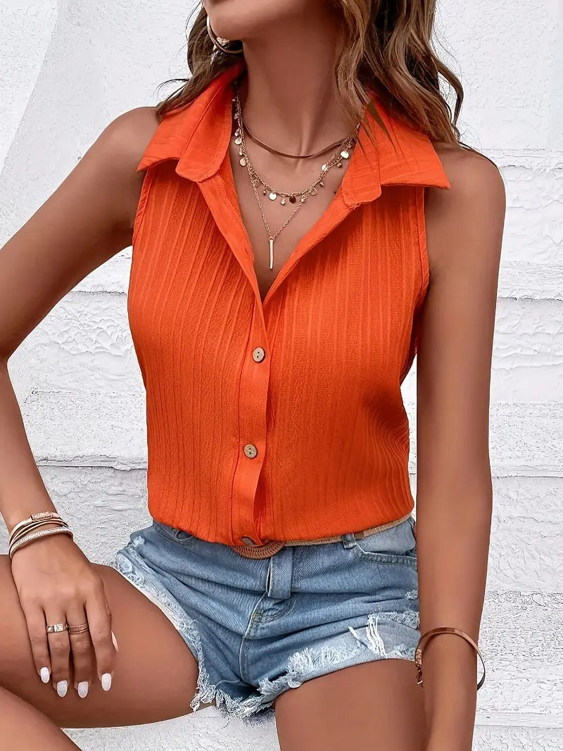 Women's Stylish Orange Sleeveless Shirt with Collar and Button Details | Ideal for Spring/Summer