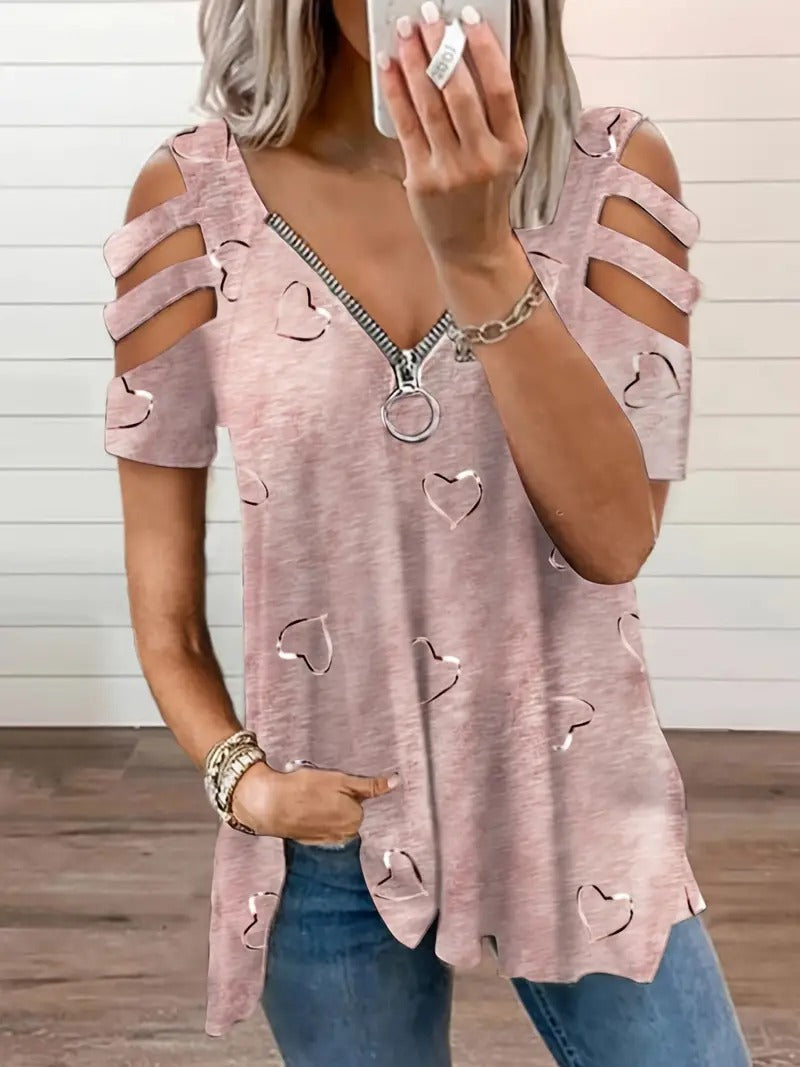 Women's Cold Shoulder T-shirt with Heart Print and Zipper Detail | Ideal for Spring/Summer