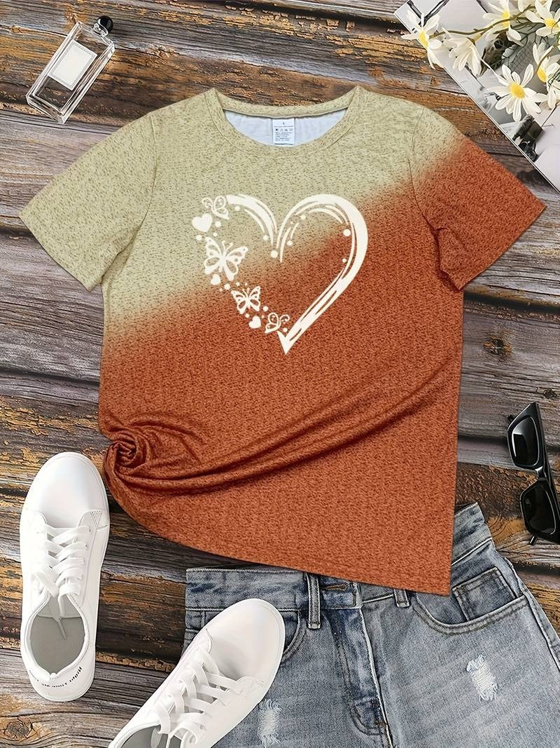 Women's Fashionable Round Neck Butterfly Heart Print T-Shirt | Ideal for Spring/Summer