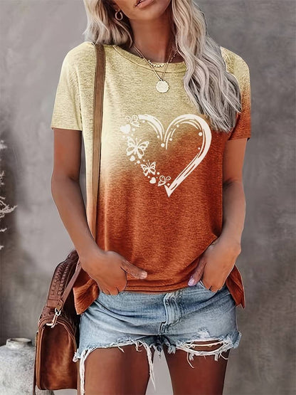 Women's Fashionable Round Neck Butterfly Heart Print T-Shirt | Ideal for Spring/Summer